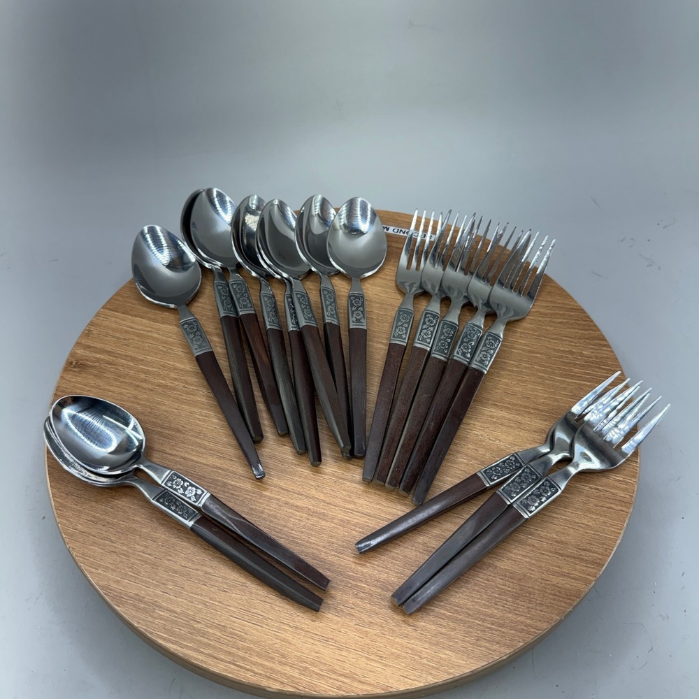 Ekco Eterna Flatware 18 pc Set Brown Wood Handle Floral MCM Mid Century Modern